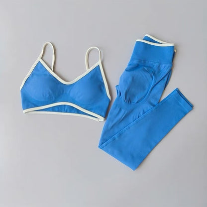 Women's Fitness Suit, Strappy Contrast Color Patchwork Sports Shockproof Slimming Quick-Dry Nude Feel Pants, Yoga Wear