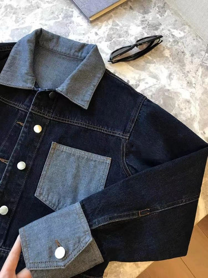 Retro Contrasting Color Laple Denim Jacket for Women 2024 Autumn New Loose Single-breasted Coats Casual Versatile Short Top