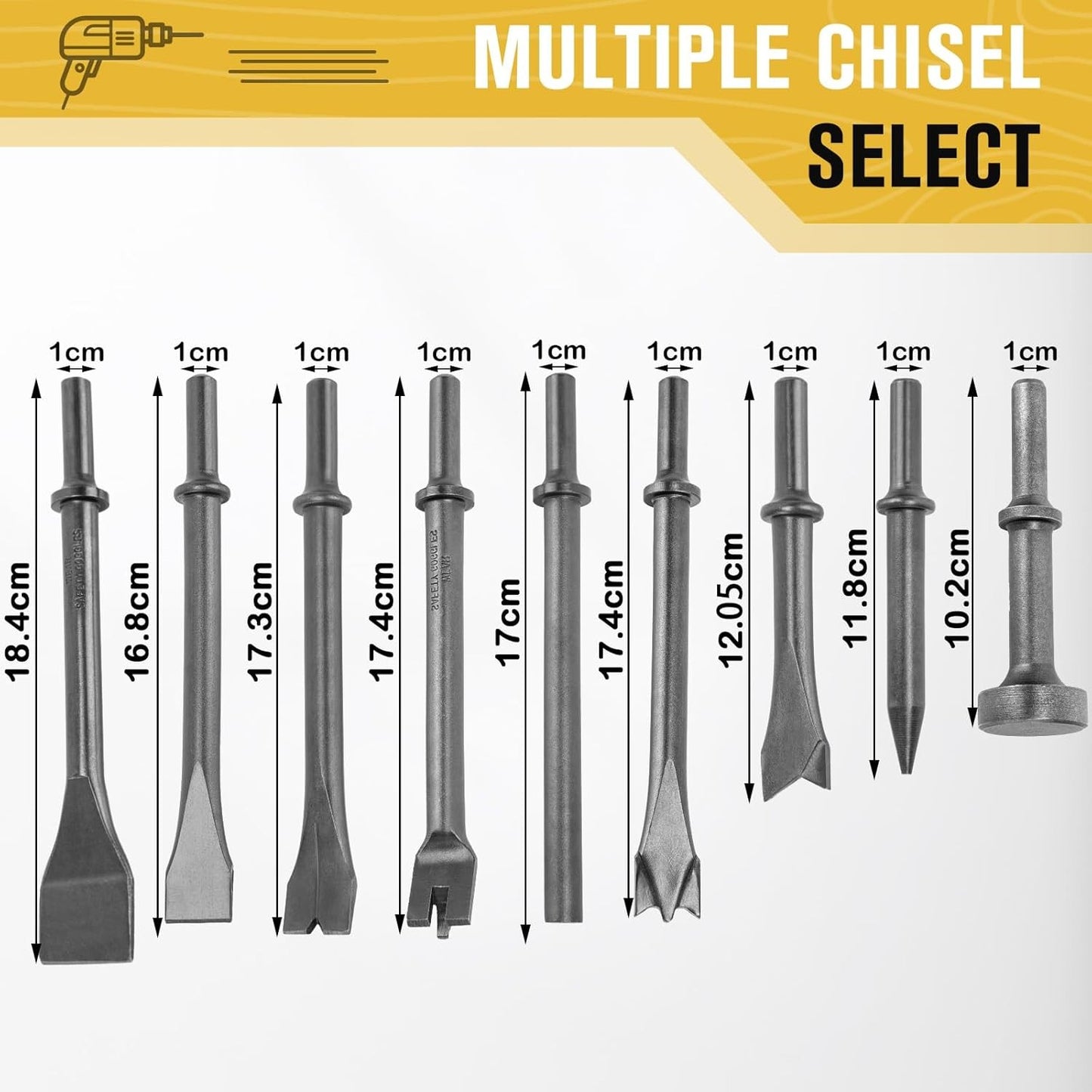 Kit de 9 Peças de Cinzéis para Martelete Pneumático para Demolição de Concreto, Pedra, Azulejo e Remoção de Ferrugem - Acessórios Duráveis para Cinzel Pneumático