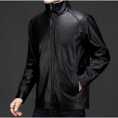 Men's Autumn and Winter Long Sleeved Leather Jacket with Fleece Collar for Warmth and Fashion Leather Jacket Men