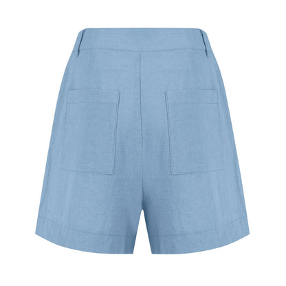 Cotton Linen Solid Shorts For Women Button High Waist Summer Loose Casual Pockets Shorts Female Pants Women Clothing