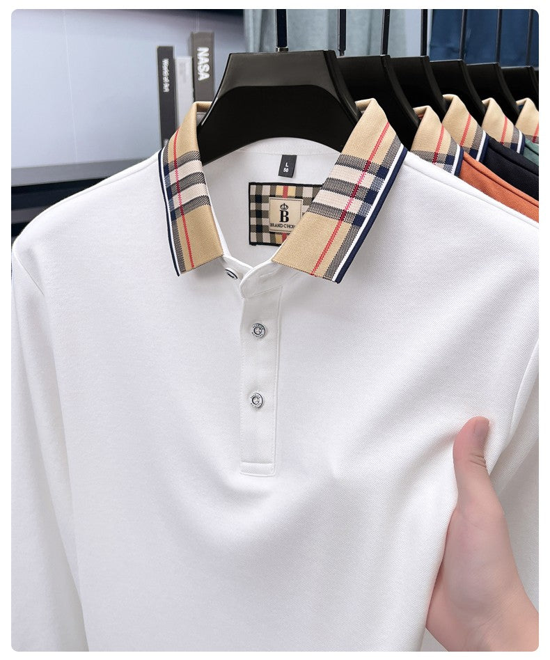 Luxury brand long sleeve polo shirt men comfortable casual autumn item silk cotton high-end Korean fashion plaid lapel T-shirt