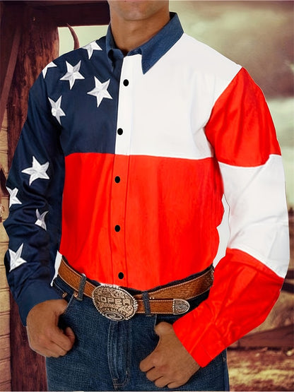 Spring and Autumn Cowboy Style Printed Men's Long Sleeve Shirt Men's Loose Fit Collar Top Casual Street Fashion Clothing