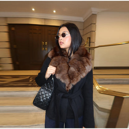 Elegant Faux Fur Lace Up Woolen Coat Women Shawl Collar Belted Waist Full Sleeve Coats Female Autumn Winter Fashion Lady Outwear