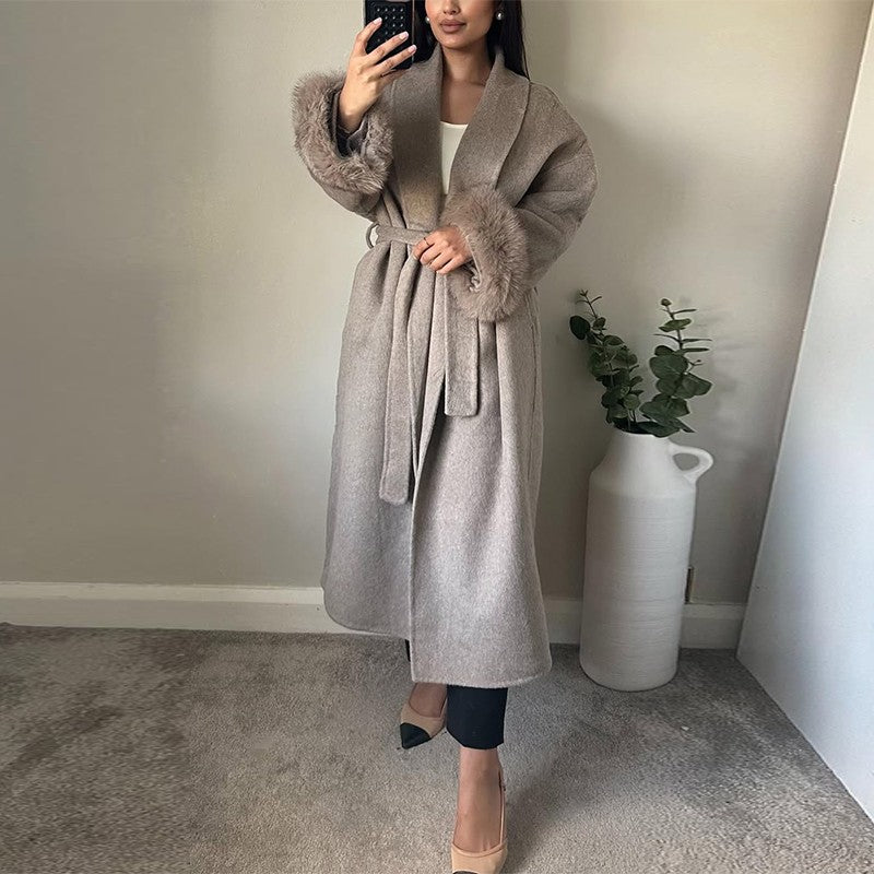 Elegant Faux Fur Cuffs Woolen Coat With Belt For Women Fashion Lapel Long Sleeve Lace Up Maxi Jacket Lady 2025 Autumn Outerwear