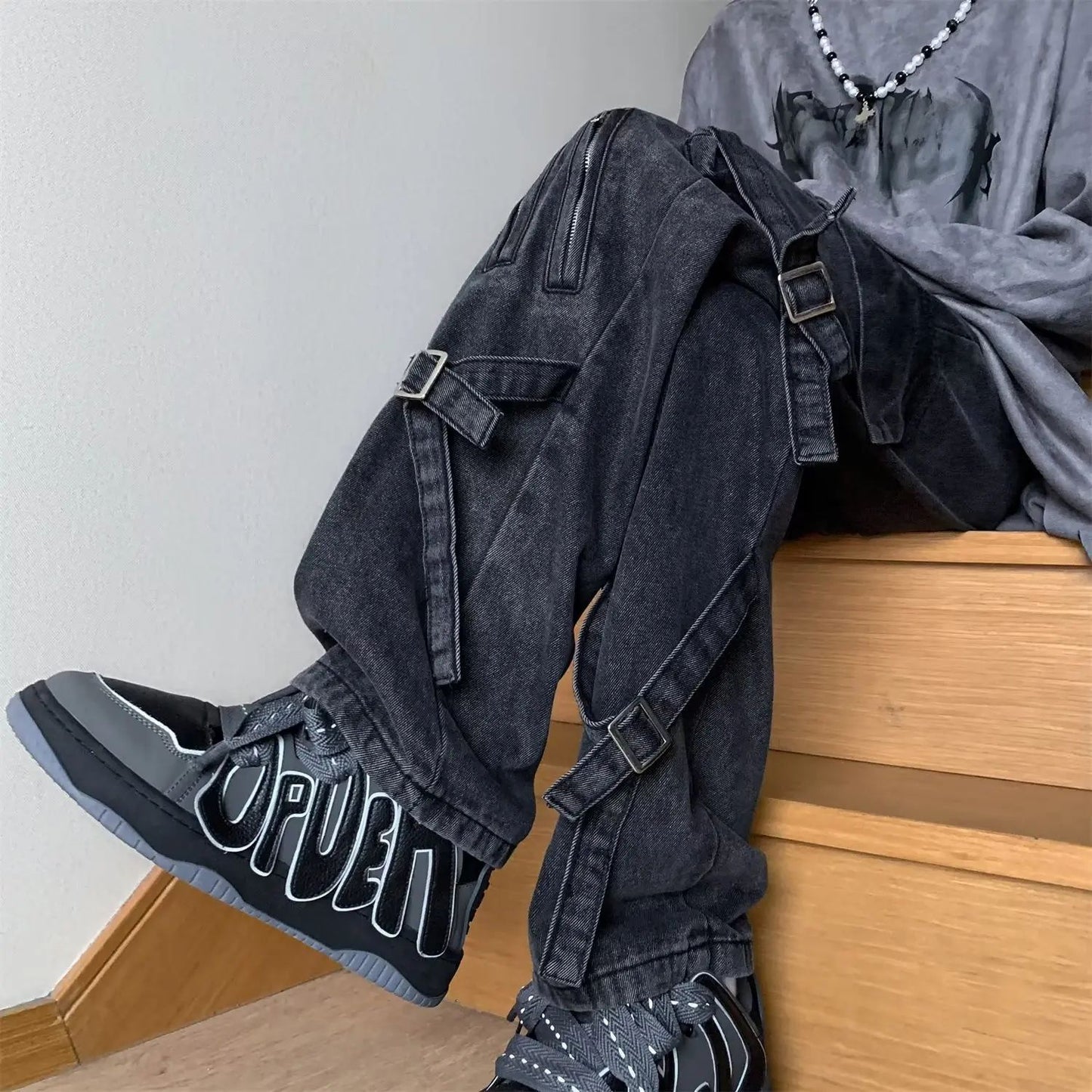 Vibezip-up Americano Jeans Masculinos da Moda Boca de Sino Solta Estilo Gangsta de Rua Ins Roupa de Trabalho Casual