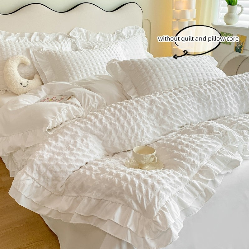 Conjunto de cama de renda coreana 3 peças de seersucker (1*Capa de Edredom + 2*Fronhas, Sem Enchimento) para quarto de hóspedes
