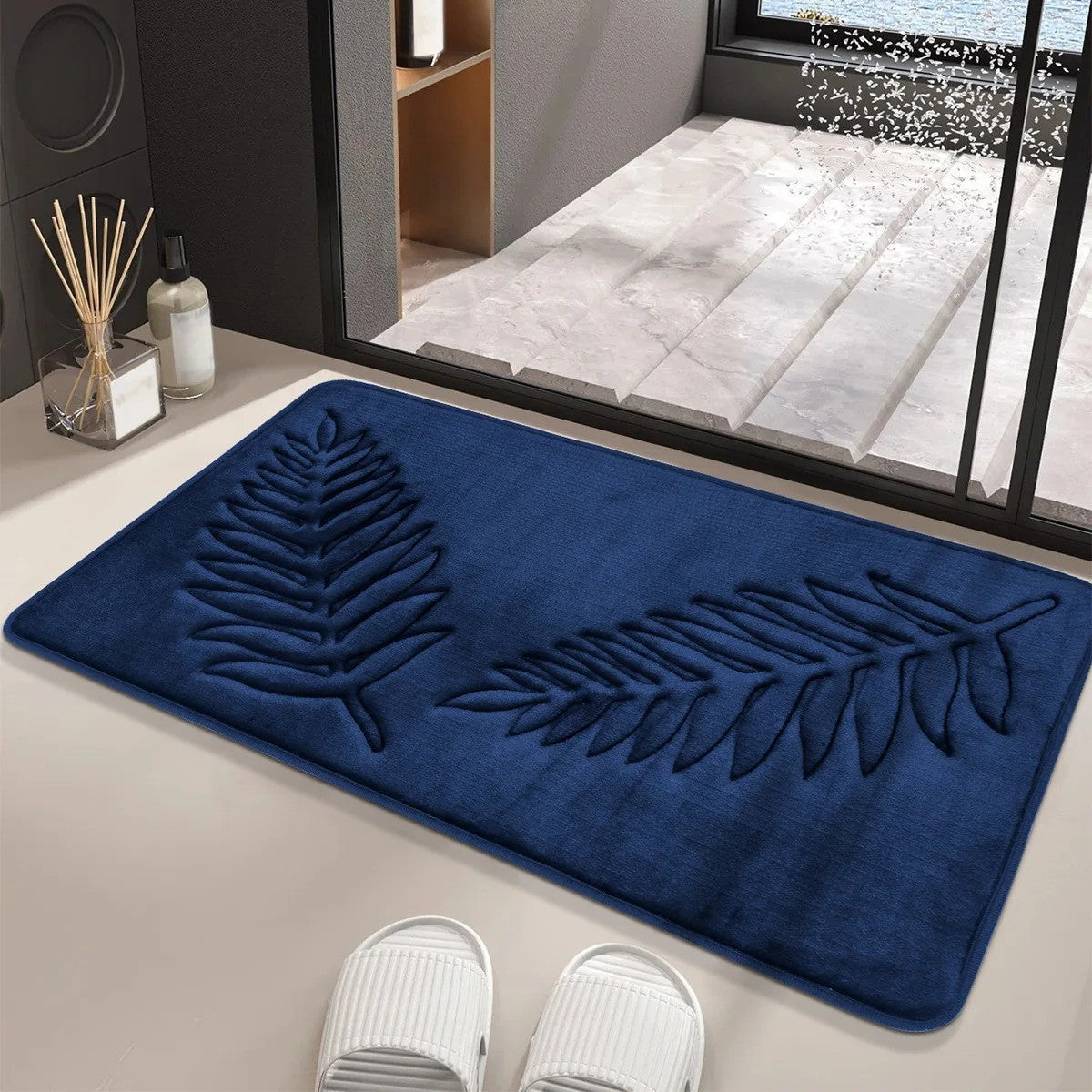 Conjunto de 3 Peças de Tapetes de Banheiro em Espuma de Memória, Ultramacios e Absorventes, com Estampa de Folhas, Tapetes de Banho Grossos e Laváveis Para Vaso Sanitário e Banheira
