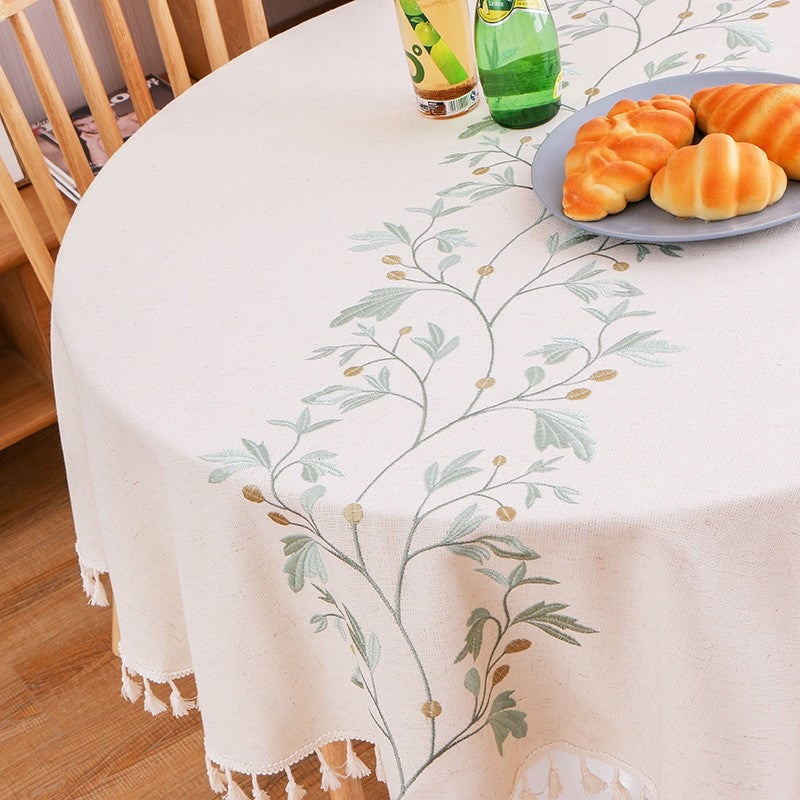 Embroidery Round Tablecloth, Cotton Linen Flower Dust Proof Table Cover, for Kitchen Dining Room,Party,Birthday Tabletop Decor