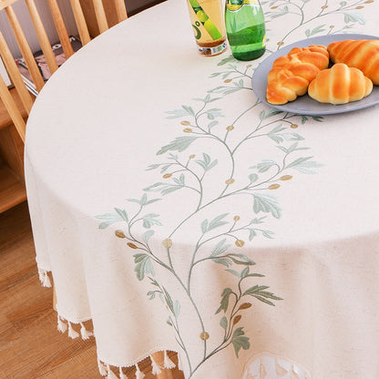 Embroidery Round Tablecloth, Cotton Linen Flower Dust Proof Table Cover, for Kitchen Dining Room,Party,Birthday Tabletop Decor