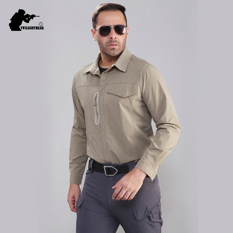Stretch Men's Shirt Multiple Pockets Quick Drying Shirts High Quality Male Elastic Tooling Shirt Men Clothing Casual Shirts AF54