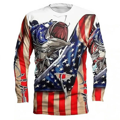 Camiseta Masculina de Pesca Manga Longa Estampada em 3D - Gola Redonda Retrô Casual, Ideal para Lazer de Outono e Atividades ao Ar Livre