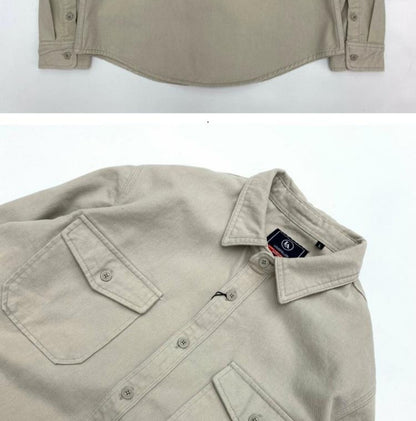 May Khaki heavy cargo double-pocket shirt men's cotton wash wool long-sleeved Japanese vintage loose coat