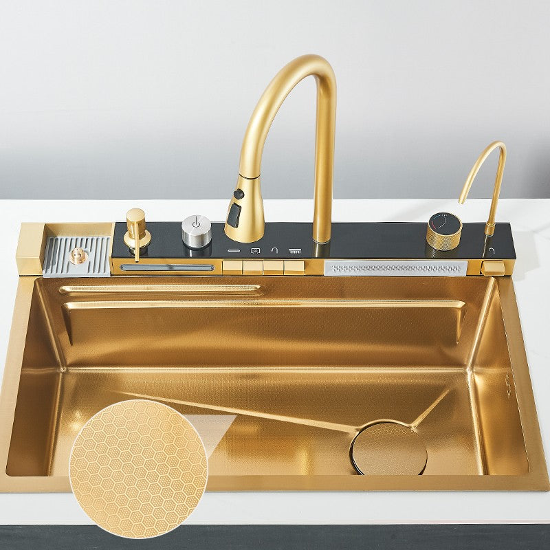 304 Stainless Steel Kitchen Sink with Digital Display Waterfall Faucet, Multifunctional 75*45cm Large Single Slot Whale Sink