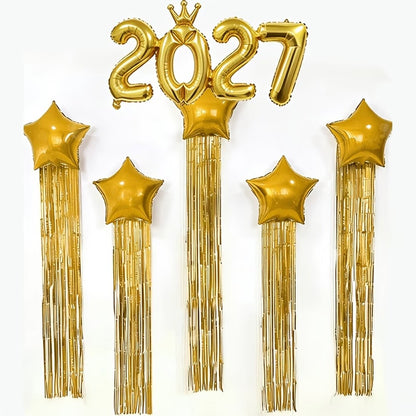 7-Piece Crown Onesie Set 2027 with Star Balloons and Tassel Curtains. Christmas and New Year Decorations