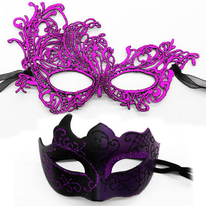 2Pcs Couples Gold Purple Black Blue Lace Masks Butterfly Venetian Face Cover for Mardi Gras Halloween Masquerade Party Costume