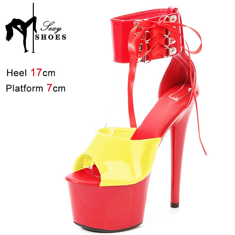 17CM Modern Sandals Upper Toe Open Ankle Strap Fashion Sexy Lady Platform High Heel Sandals Pole Dancing Lace-up Women Shoes