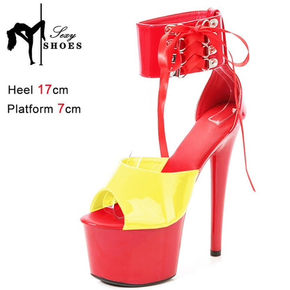 17CM Modern Sandals Upper Toe Open Ankle Strap Fashion Sexy Lady Platform High Heel Sandals Pole Dancing Lace-up Women Shoes