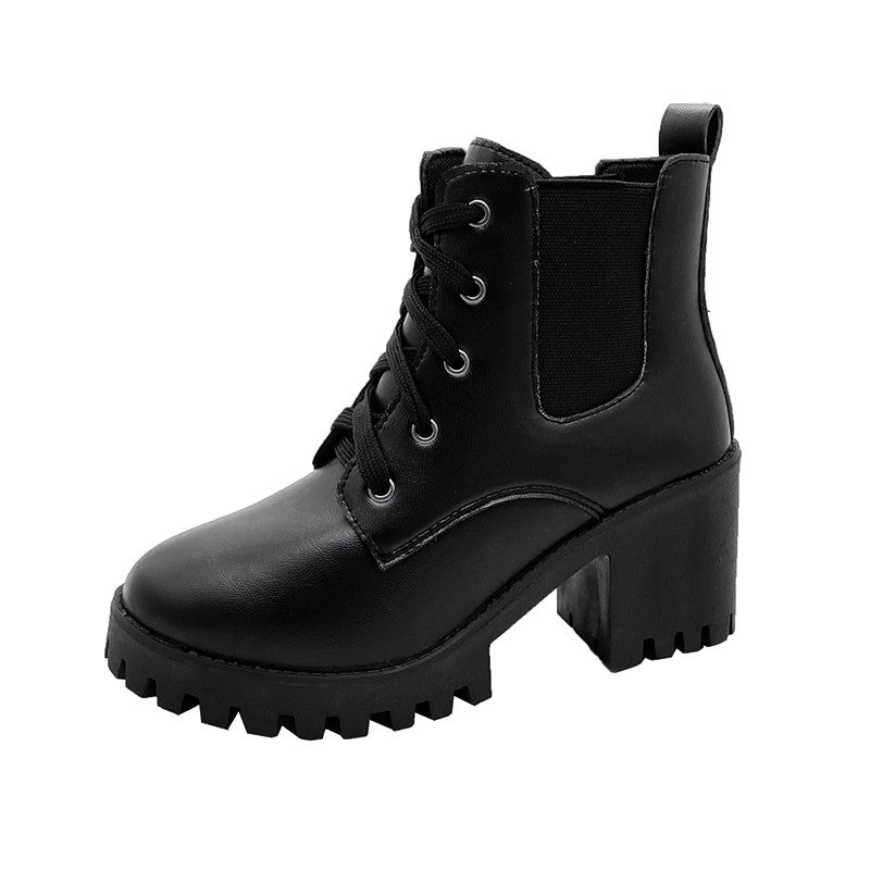 Women Retro Round Toe Chunky Heels Ankle Boots Autumn New High Heels Shoes Woman Lace Up Platform Short Booties Big Size 43