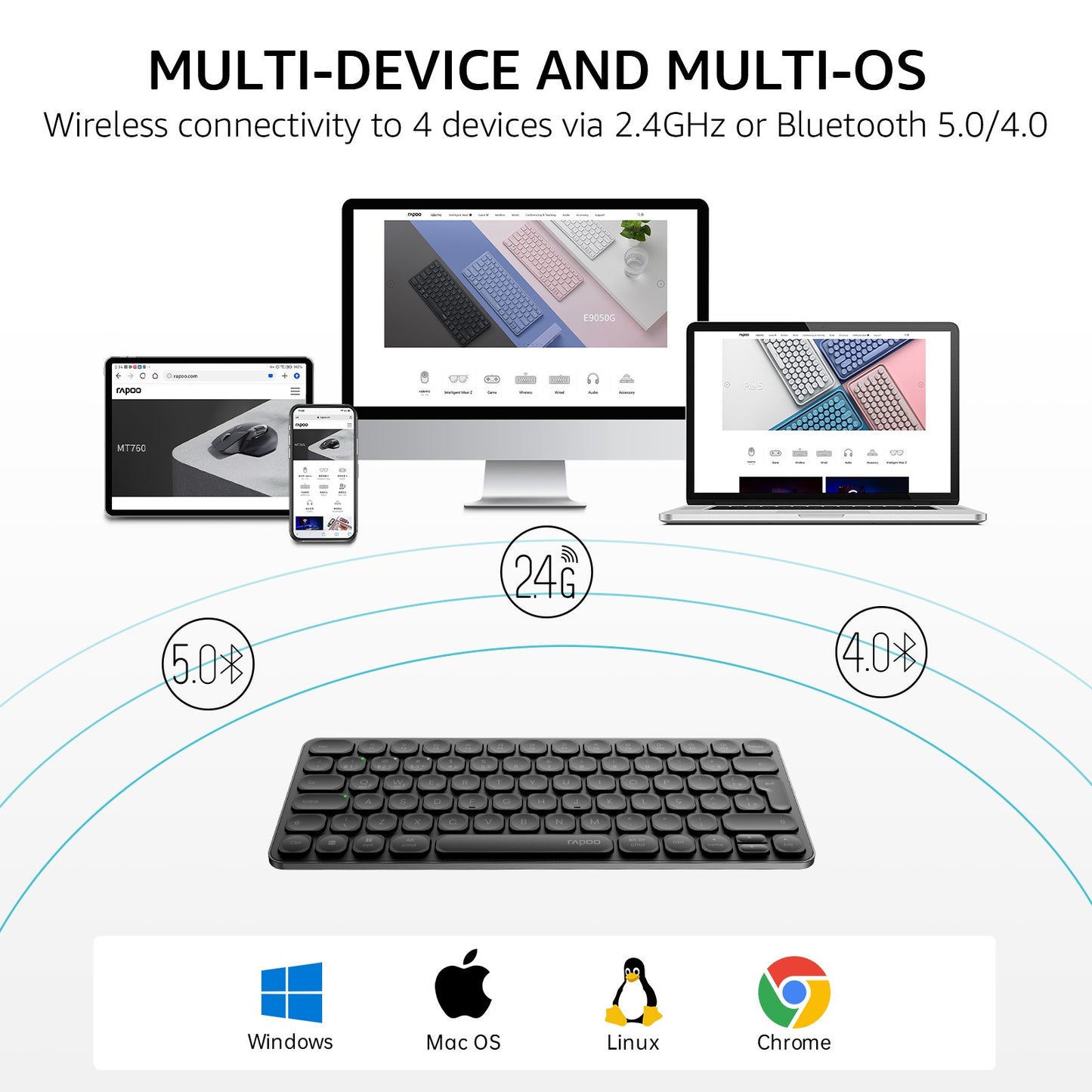 Teclado Sem Fio Bluetooth Multidispositivo Recarregável Rapoo E9050L ABNT2 Português Brasil na Cor Preta com Teclas Multimídia