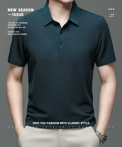 ?High-quality?Asian Sizes Summer New Men's Lop-up Hollow Short-sleeved Polo Shirt Ice Silk Business Casual Sweat-absorbing Top