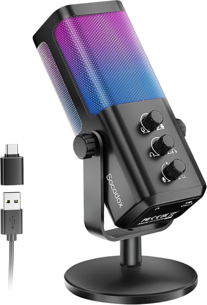 Microfone RGB Gamer com Equilíbrio de Voz no Jogo e Cancelamento de Ruído, Microfone Condensador USB de Estúdio para Streaming/Gravação/Discord