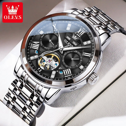 OLEVS Men's Watches Skeketon Flywheel Automatic Mechanical Original Wristwatch for Man Waterproof Luminous Perpetual Calendar