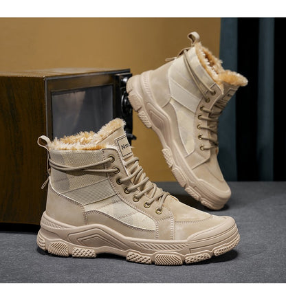 Winter Fleece Warm High-top Men's Shoes Trendy Casual Outdoor Solid Color Mid-top Fashionable Round Toe Plus-size Snow Boots