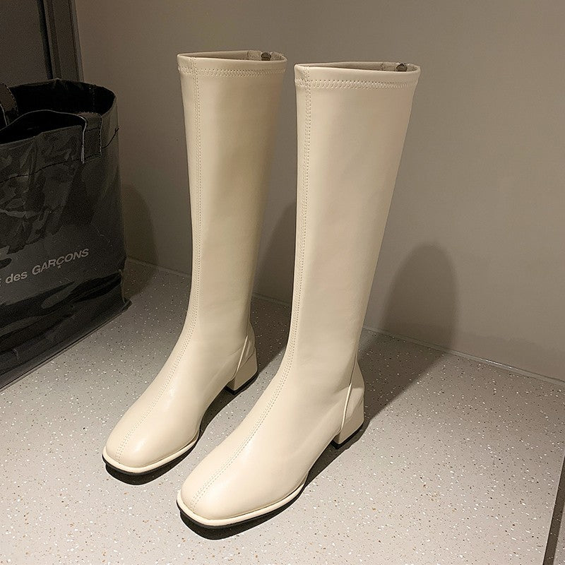 Women Black High Heel Long Boots Fashion Spring Autumn Warm Knee High Boots Soft Leather Thigh High Boots Shoes Zipper