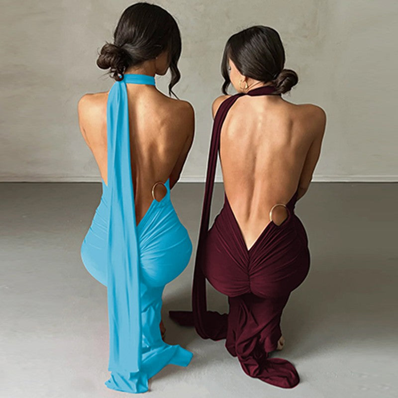 Hugcitar One Shoulder Backless Adjustable Scarf Loop Ruched Sexy Maxi Dress Wome