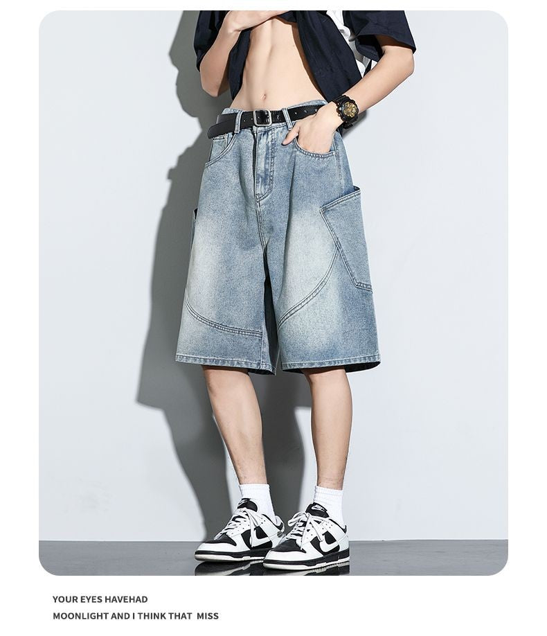 Summer New Baggy Denim Shorts Fashion Casual Straight Harajuku Jeans Male Vintage Wash Drawstring Short Pants Streetwear