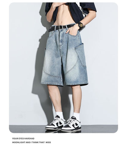 Summer New Baggy Denim Shorts Fashion Casual Straight Harajuku Jeans Male Vintage Wash Drawstring Short Pants Streetwear