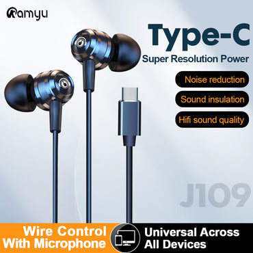 J109 Wired Earbuds Superior Sound Quality In-Ear Headphones with Type-C & 3.5mm Jack HiFi Stereo Metal Headphones with Mic