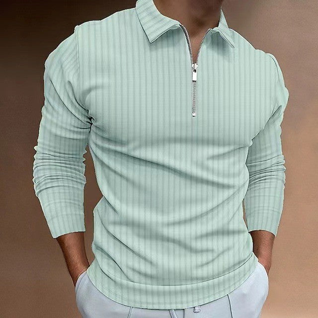 2024 New Men's Autumn And Winter Solid Color Lapel Leisure Sports Polo Shirt Zipper Striped Long Sleeve High Elasticity
