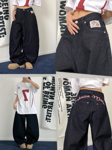 Ba Embroidered Letter Print Jeans Women's Spring New Sweet Cool Spicy Girl High Waist Slimming Long Pants Faionable Commute