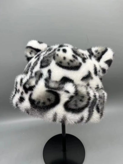 Korean Winter Imitation Fur Bucket Hat For Women Fashion Leopard Print Fisherman Hats Thichen Warm Plush Outdoor Cute Basin Cap