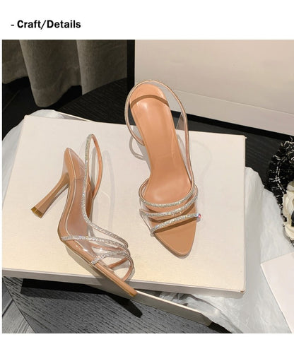 Sapatos de Salto Femininos com Strass e Tira Traseira para o Verão, Sandálias Transparentes de Salto Alto para Escritório, Bico Fino Elegante, Salto Alto Sexy Feminino
