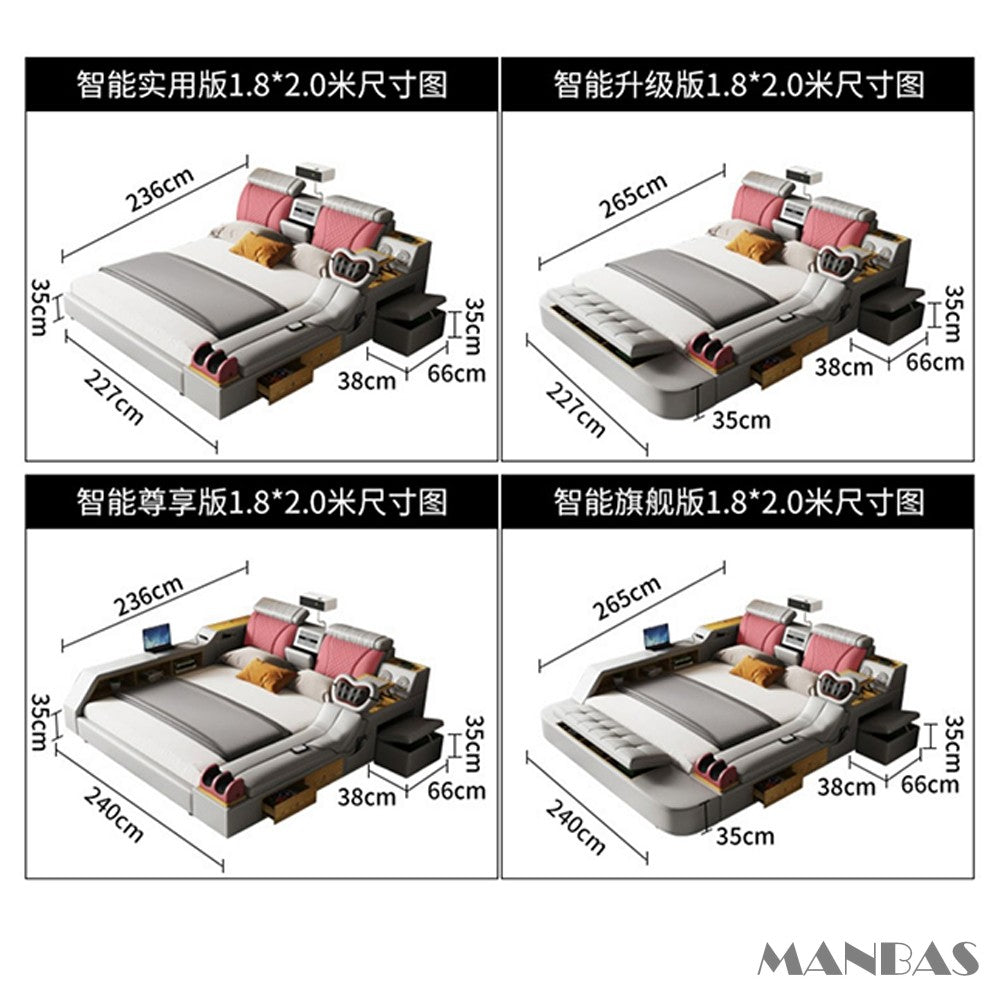 MANBAS Tech Smart Bed - the Ultimate Multifunctional Bedframe with Genuine Leather, Massage, Speaker, Projector, Air Purifier