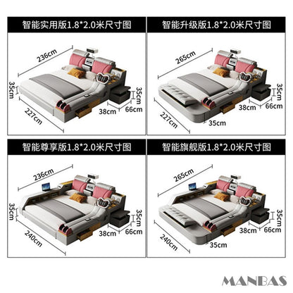 MANBAS Tech Smart Bed - the Ultimate Multifunctional Bedframe with Genuine Leather, Massage, Speaker, Projector, Air Purifier