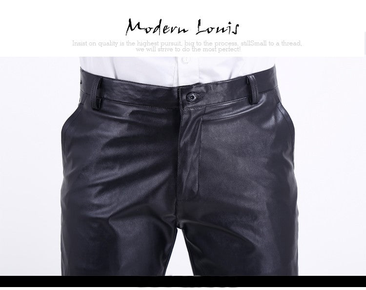Men's Leather Pants Straight Fit Elastic PU Leather Trousers Motorcycle Pants Thin