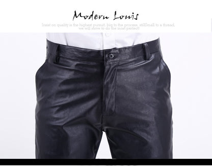 Men's Leather Pants Straight Fit Elastic PU Leather Trousers Motorcycle Pants Thin