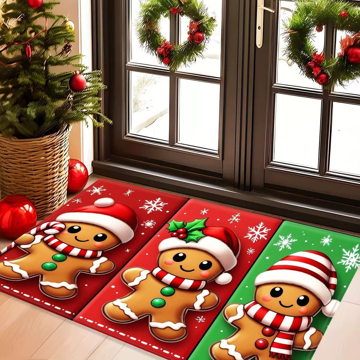 VIKAMA Christmas Cute Gingerbread Man Rug Bedroom & Living Room Decorative Floor Mat Soft Comfortable Carpet Home Furnishing