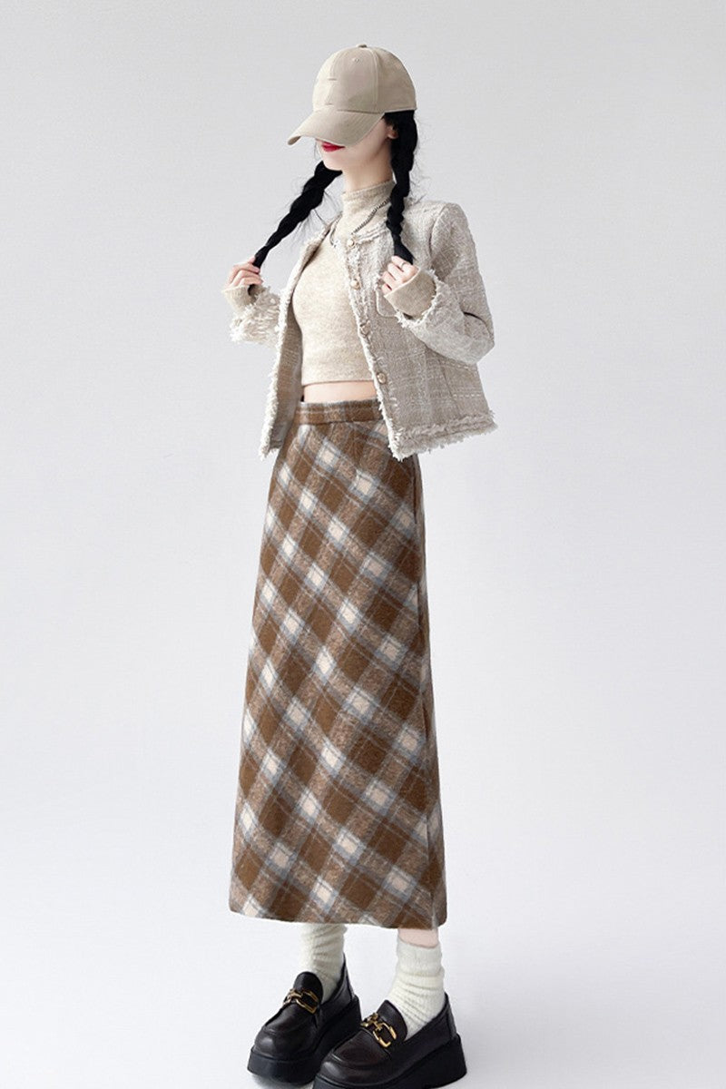 2025 Autumn Vintage Woolen Plaid Skirts Lady Elegant High Waist Slimming A-Line Skirt Women Korean Streetwear Slit Long Skirt