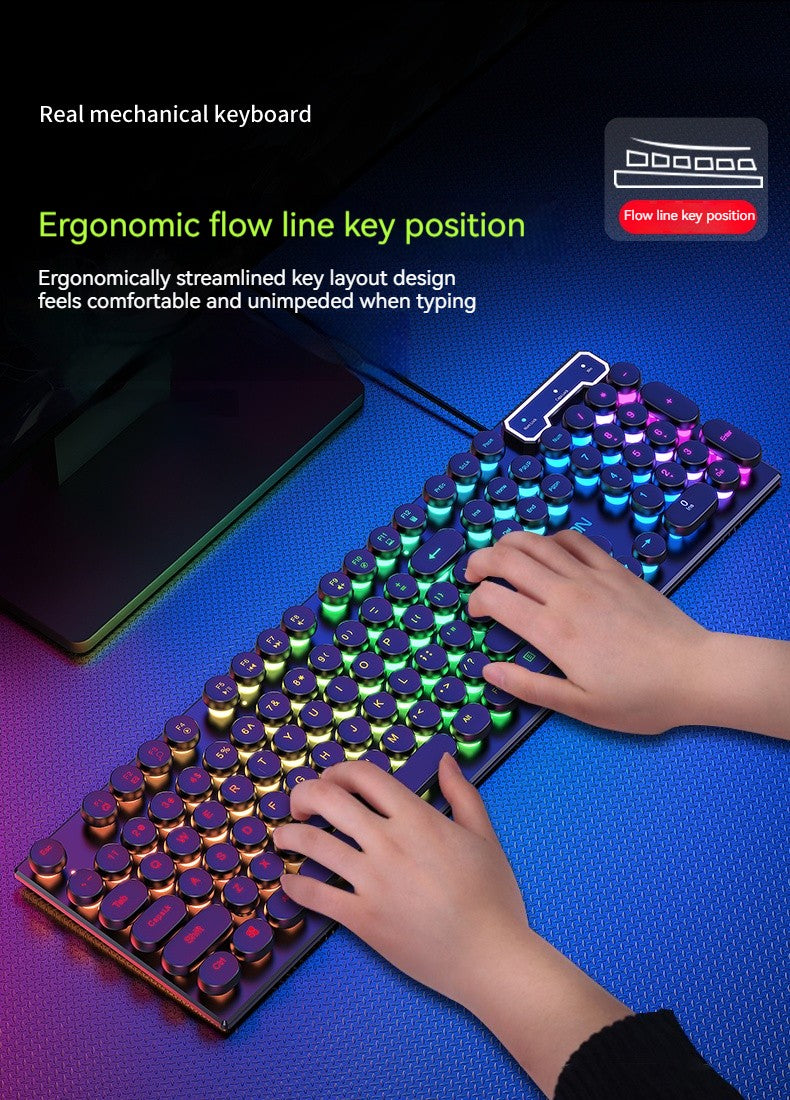 Teclado Gamer EWEADN GX330 Typewriter, 104 Teclas Retro Punk com Teclas Redondas com Fio, com Luz de Fundo RGB, para PC Laptop Windows preto