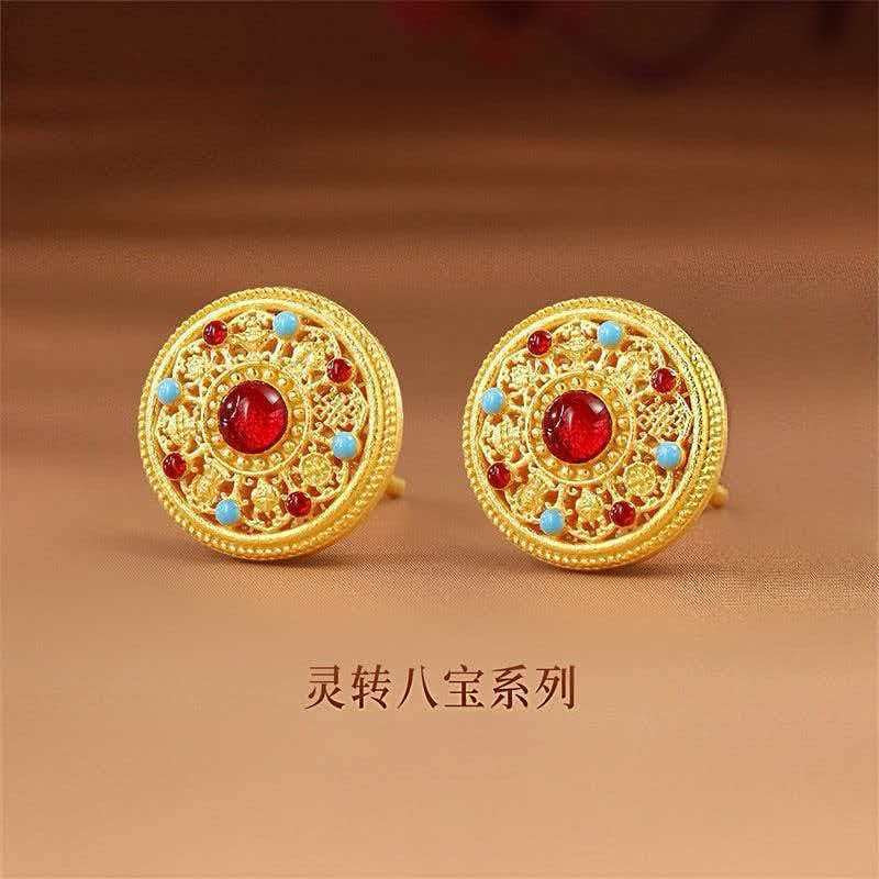 Elegant Enamel Craft Enamel Eight Treasures Compass Stud Earrings For Women 24K Gold AU999, Delicate glaze with ancient charm