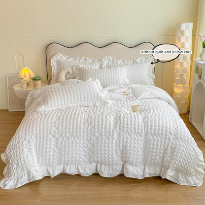 Conjunto de cama de renda coreana 3 peças de seersucker (1*Capa de Edredom + 2*Fronhas, Sem Enchimento) para quarto de hóspedes
