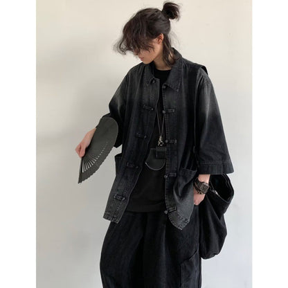 Ancient Style Denim Shirt Mens Halo Dyed Washed Single Breasted Short Sleeved Jacket Lapel Collar Fashion Tops Male High Quality