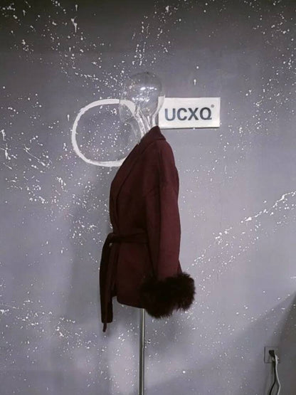 UCXQ Casaco Feminino Elegante OL para Escritório com Retalhos de Pelo Manga Comprida Lã Jaqueta de Roupa Feminina Bonita Outono Inverno 2025