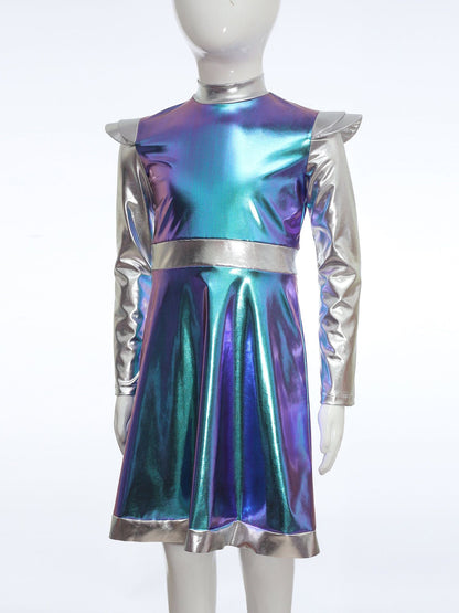Kids Alien Cosplay Costume Outfits Boys Girls Metallic Shiny Alien Jumpsuit Halloween Full Length Bodysuit with Hair Hoop Suit