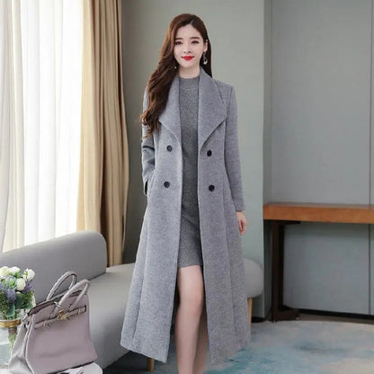 Plus Size Women's Overcoat Long Thickened Woolen Coat Long Collar Slim Fit Waist Cinched Outerwear Spring Autumn New Style Ho...